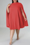 Red Casual Solid Slit Half A Turtleneck Pleated Plus Size Dresses