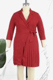 Red Casual Solid Frenulum V Neck A Line Plus Size Dresses