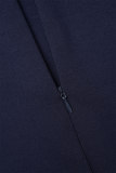 ディープブルー カジュアル ソリッド パッチワーク O ネック 長袖 プラス サイズ ドレス