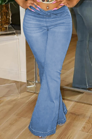 Light Blue Casual Solid Patchwork High Waist Flare Leg Skinny Denim Jeans