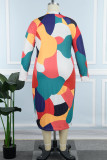 Multicolor Casual Print Hollowed Out V Neck Long Sleeve Plus Size Dresses