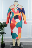 Veelkleurige casual print uitgeholde V-hals lange mouwen plus size jurken