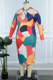 Multicolor Casual Print Hollowed Out V Neck Long Sleeve Plus Size Dresses