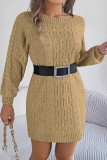 Vestidos cáqui casual sólido básico com decote em O manga comprida (sem cinto)