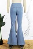 Jeans skinny azul claro casual patchwork sólido cintura alta