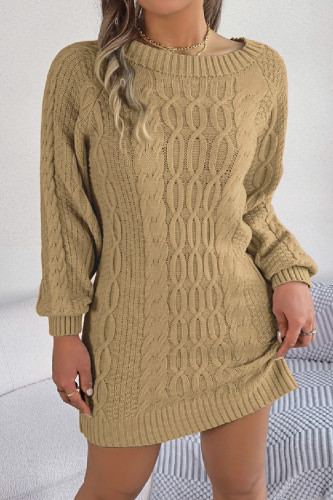 Khaki Casual Solid Basic O Neck Long Sleeve Dresses (Without Belt)