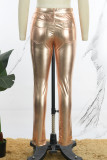 Ouro casual sólido básico magro cintura alta lápis calças de cor sólida