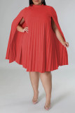 Красные повседневные однотонные плиссированные платья больших размеров с разрезом до половины водолазки