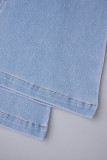 Jeans skinny azul claro casual patchwork sólido cintura alta