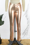 Gold Casual Solid Basic Skinny High Waist Pencil Solid Color Trousers