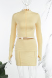 Apricot Casual Solid Basic Half A Turtleneck Long Sleeve Two Pieces