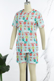 Light Blue Casual Print Basic O Neck Short Sleeve Two Pieces