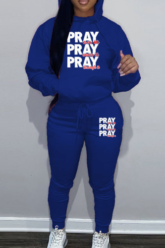Blue Sportwear Casual Letter Print Hooded Collar Long Sleeve Sweatshirt And Draw String Pants Two Pieces Sweatsuit Sets