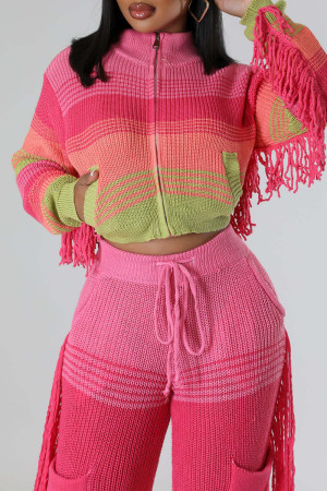 Pink Street Color Block Gland Patchwork Fermeture Éclair Cardigan Col Vêtements D'extérieur (Tzitzit Ceci Est Un Live Shot)