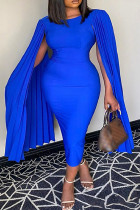 Синяя повседневная однотонная юбка-карандаш с круглым вырезом и платьями больших размеров