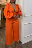 Orange Casual Sweet Daily Simplicity Enfärgad V-hals vanliga Jumpsuits