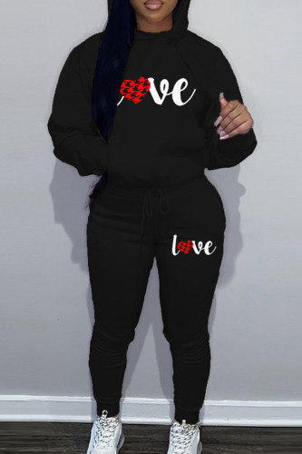 Black Sportwear Casual Letter Print Hooded Collar Long Sleeve Sweatshirt And Draw String Pants Two Pieces Sweatsuit Sets