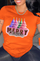 Camisetas con cuello en O informal con estampado de Papá Noel y estampado diario naranja naranja