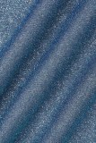 Himmelblaue, lässige, einfarbige, Patchwork-Overalls mit Schlitz und Neckholder