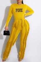 Yellow Casual Street Print Tassel Letter O Neck Long Sleeve Two Pieces