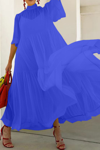 ブルー カジュアル ソリッド パッチワーク タートルネック ロング ドレス ドレス
