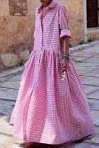 Vestidos de vestir camiseros con cuello vuelto y retales con estampado de cuadros informales rosados