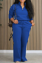 Синий Повседневный Однотонный Лоскутное шитье Карман на молнии Воротник-стойка с длинным рукавом Из двух частей