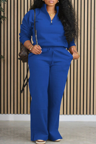 Blue Casual Solid Patchwork Draw String Pocket Zipper Mandarin Collar Long Sleeve Two Pieces