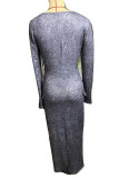 Dark Gray Casual Print Patchwork Square Collar Long Sleeve Dresses