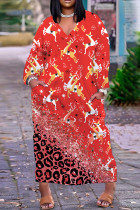 Красные повседневные базовые платья с длинным рукавом с принтом и v-образным вырезом