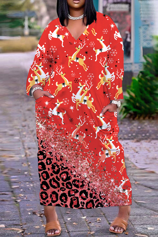 Rode casual print basic jurken met V-hals en lange mouwen