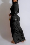 Robe longue noire sexy à col roulé et fente unie