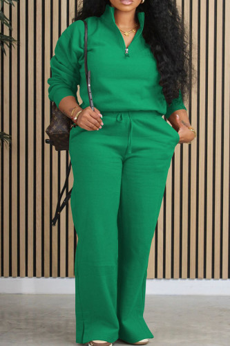 Green Casual Solid Patchwork Draw String Pocket Zipper Mandarin Collar Long Sleeve Two Pieces