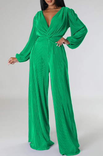 Green Casual Solid Patchwork V Neck Regular Jumpsuits