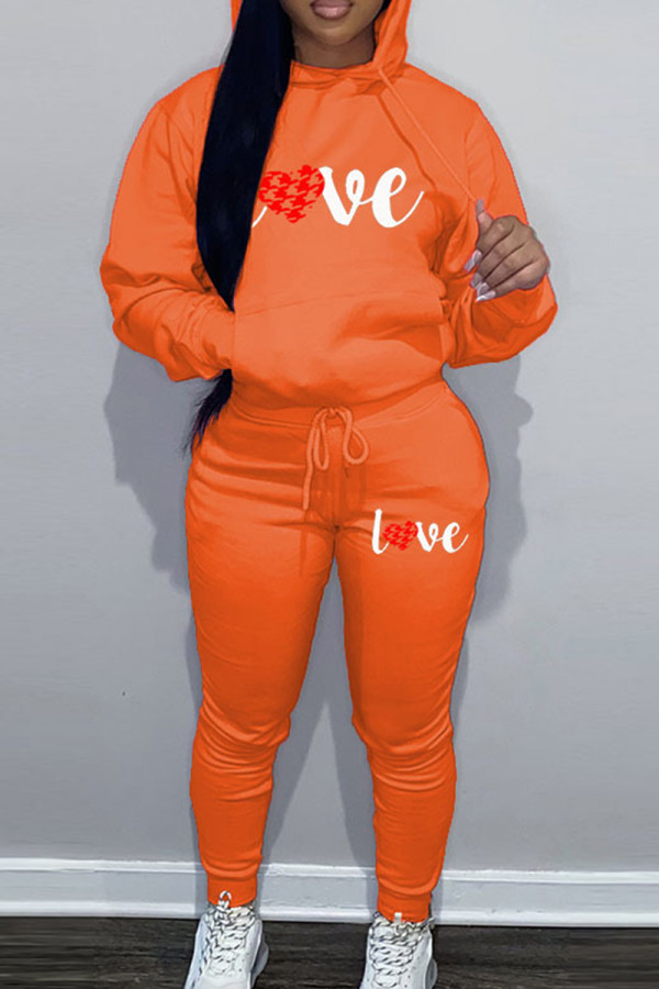 Orange décontracté imprimé Patchwork cordon de serrage poche col à capuche manches longues deux pièces