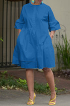 Blaue, lässige, solide Patchwork-Hemdkleider mit Knöpfen und O-Ausschnitt