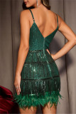 Champagne Sexy Party Formal Patchwork Sequins Feathers Backless V Neck Sling Dress Dresses