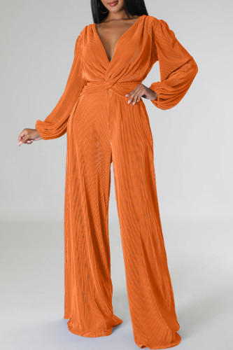 Orange Casual Solid Patchwork V Neck Regular Jumpsuits