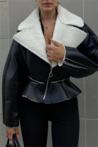 Ropa de abrigo informal de patchwork liso con cremallera y cuello vuelto negro