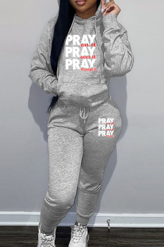Grey Sportwear Casual Letter Print Hooded Collar Long Sleeve Sweatshirt And Draw String Pants Two Pieces Sweatsuit Sets