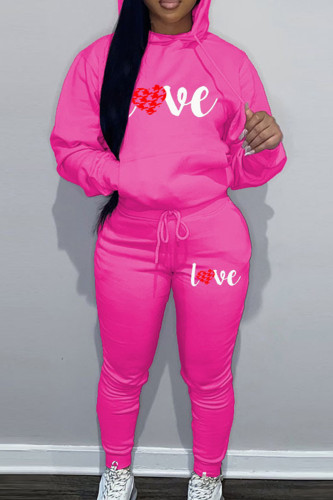 Rose Red Sportwear Casual Letter Print Hooded Collar Long Sleeve Sweatshirt And Draw String Pants Two Pieces Sweatsuit Sets