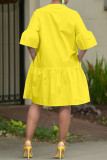 Robe chemise jaune décontractée, couleur unie, boutons en Patchwork, col rond