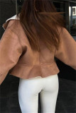 Creme Branco Casual Sólido Patchwork Zipper Turndown Collar Outerwear