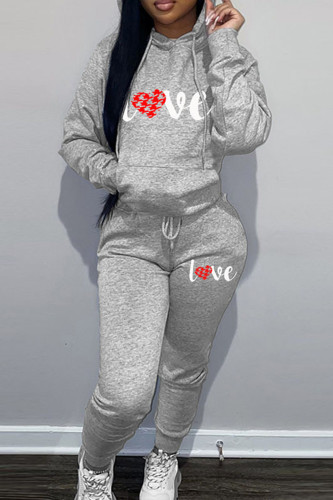 Grey Sportwear Casual Letter Print Hooded Collar Long Sleeve Sweatshirt And Draw String Pants Two Pieces Sweatsuit Sets