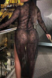 Черные сексуальные однотонные кружевные лоскутные прозрачные длинные платья с высоким вырезом и высоким вырезом