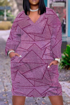 Пурпурные повседневные базовые платья с длинным рукавом с принтом и v-образным вырезом
