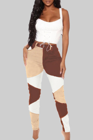 Rust Red Casual Color Block Pocket Buttons Zipper High Waist Skinny Denim Jeans