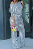 White Casual Striped Print Patchwork Oblique Collar Three Quarter Two Pieces T-shirt Tops Wide Leg Pants