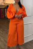 Orange décontracté doux quotidien simplicité couleur unie col en V combinaisons régulières