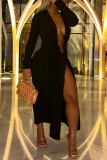 Черные сексуальные вечерние элегантные простые платья с V-образным вырезом и длинными рукавами